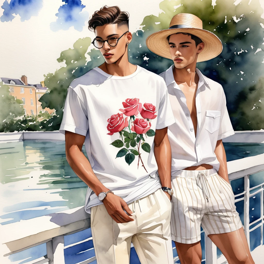 candid fashion illustration of young Mixed race 2man, both aged 18-23 year old, ((showcase fashion look book in White and Cream linen outfits)), the design is inspired White and Cream roses by David Austin Rose, in elegant chic style. The man wears an oversized short-sleeved shirt with a minimal rose embroidery details, paired with relaxed-fit white Short with Drawstring, He completes his look with white sneakers and round glasses. The boyfriend complements him in a  skinny fitted speedo in a stripe pattern, semi bulge, He resemble includes an accessorizes with a brimmed straw hat and white sneakers, Captured in a low angle, ((full-body image)), ((roses drawing in water color in background)), fashion sketching, realistic drawing, ((imperfect water color drawing)), fashion look book, fashion illustrator, fashion sketch design, gay, gay couple,