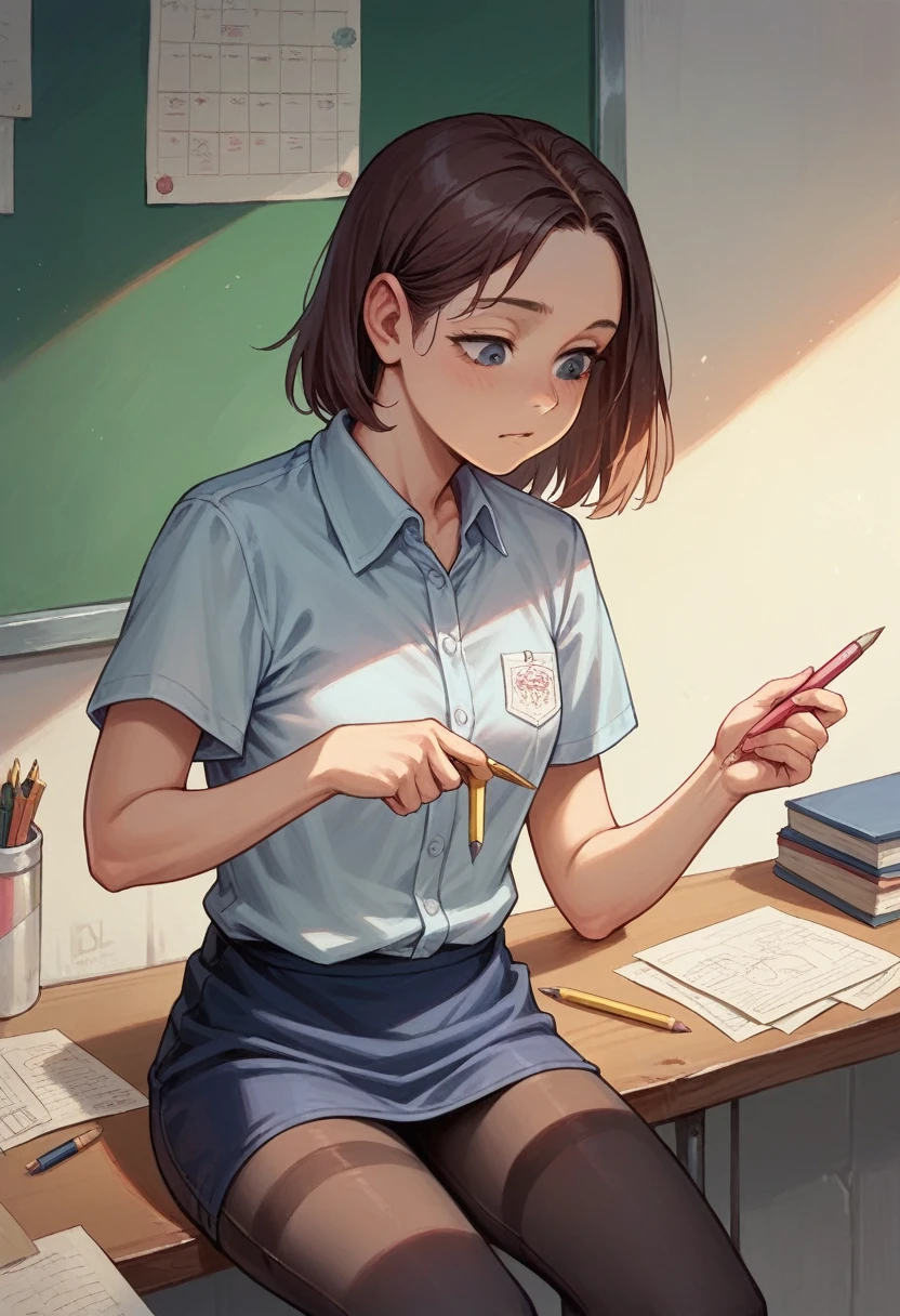 ((best quality)), ((masterpiece)), (detailed), 1girl, bended over, picking up a pencil, wearing a school shirt, leggings