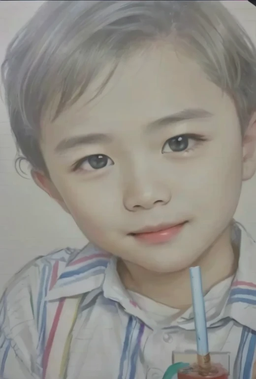 Drawing of a boy drinking through a straw, Realism drawing, Pencil drawing, a Pencil sketch, pencil on paper, traditional art, Shim Sa-jeong, Pencil sketch, Inspired by Yonghao Han, Inspired by Huang Gongwang, Realistic sketch, Traditional drawing style, hyperRealistic sketch, Traditional portrait, Close-up portrait, Realistic portraits、Please create the nasolabial folds that appear when smiling.。