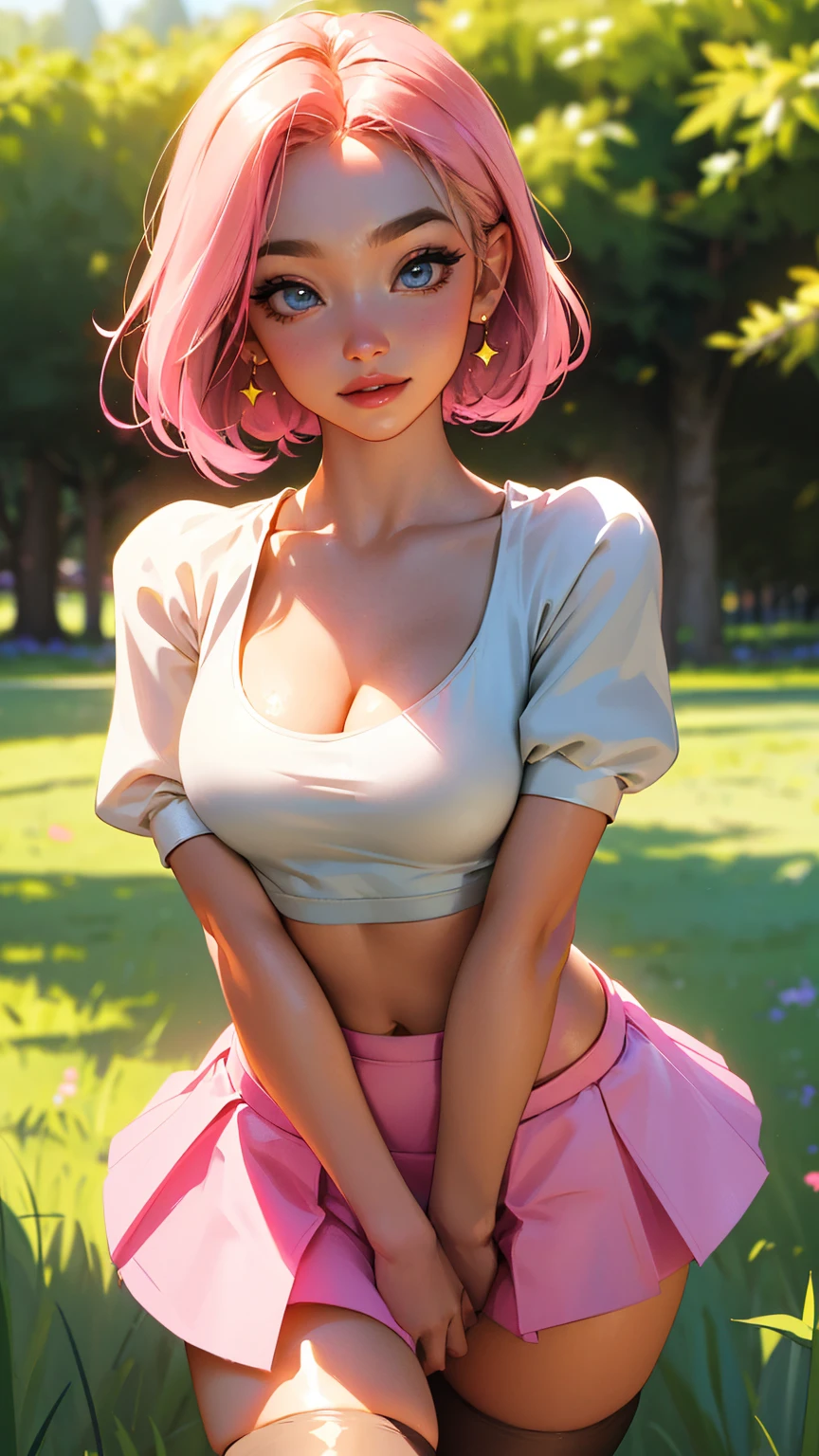 Highest Quality, ​masterpiece, beautifully detailed eyes,, short Blonde Hair, Gradient Hair, pink highlights in hair, large breasts, standing, makeup, glossy lips, full lips, (natural lighting), grass, small top, light smile, midriff, collarbone, thigh highs, miniskirt, cleavage, large breasts