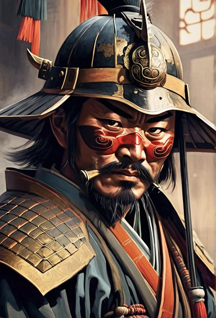 A Japanese warrior ronin with magnificent mask in portrait, the atmosphere is heavy and sad. It's very detailed and in the atmosphere of the old quarter of the time
