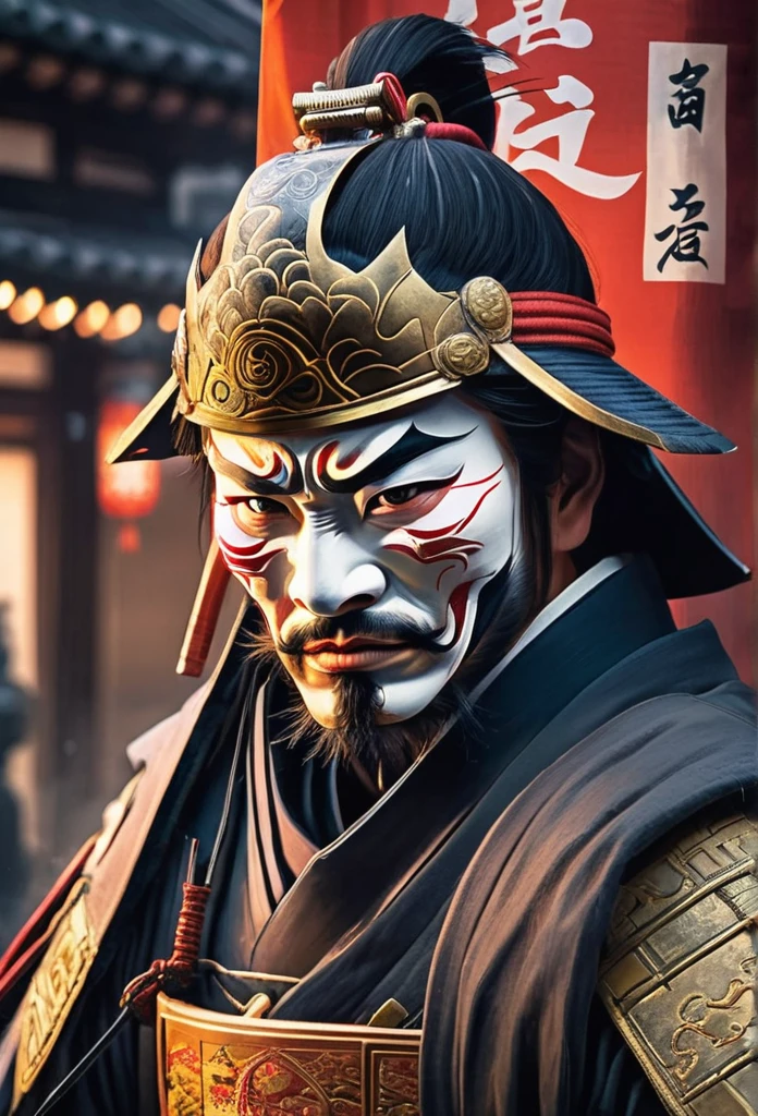 A Japanese warrior ronin with magnificent mask in portrait, the atmosphere is heavy and sad. It's very detailed and in the atmosphere of the old quarter of the time