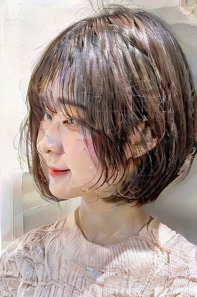 (8K、RAW photo、highest quality、masterpiece:1.2)、High-definition RAW color photo、professional photos、(realistic、photo realistic:1.37)、cinematic light、1 girl、laughter、white wall、Taken in front of the white door、((A room with a white wall and a window))、Versatile poses、Winter clothes、simple necklace、(Beautiful profile:1.3)、Don't look at the camera、profile、bob、Bob Hair、bob cuts、((Light dull pink and dark hair color))、Long Bob、profile、normal detailed eyes、dark brown eyes、earrings、(pastel long sleeve blouse)