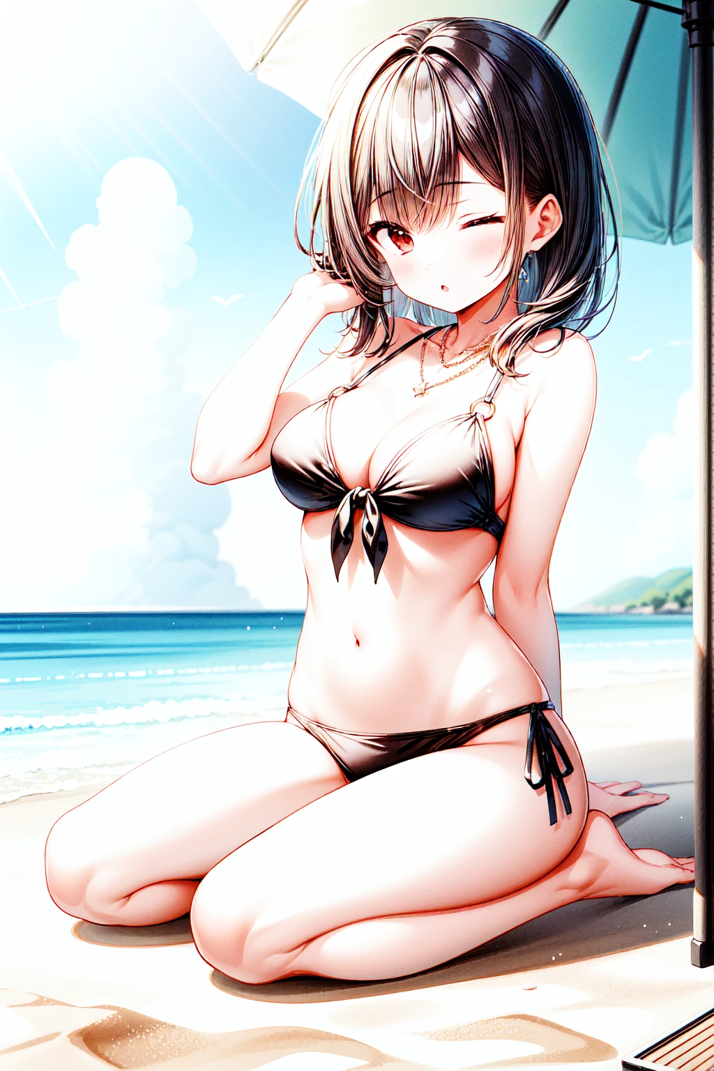 1girl,masterclass,best quality, illustration, solo, black hair, red eyes, ;o, one eyes closed,bare_shoulders,beach,blue_sky,blush,breasts,breasts_apart,cloud,front-tie_bikini_top,front-tie_top,full_body,long_hair,looking_to_the_side,navel,necklace,o-ring,o-ring_bikini,ocean,on_ground,outdoors,seiza,sitting,spread legs,sky,stomach,sunlight,swimsuit