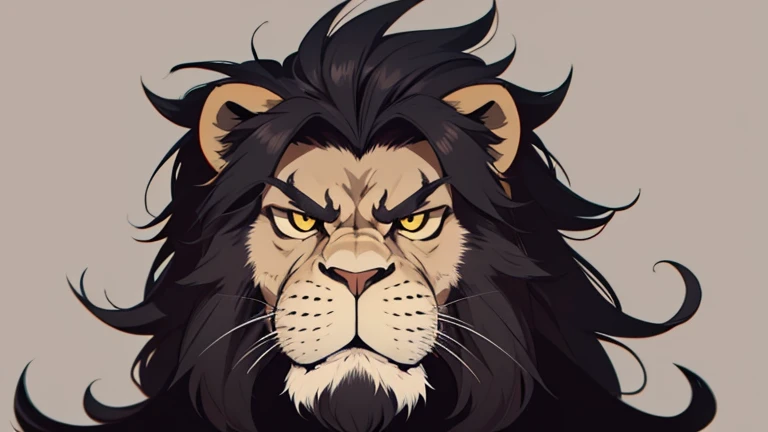 Simplistic grumpy Lion with a long face with big mane and mustache