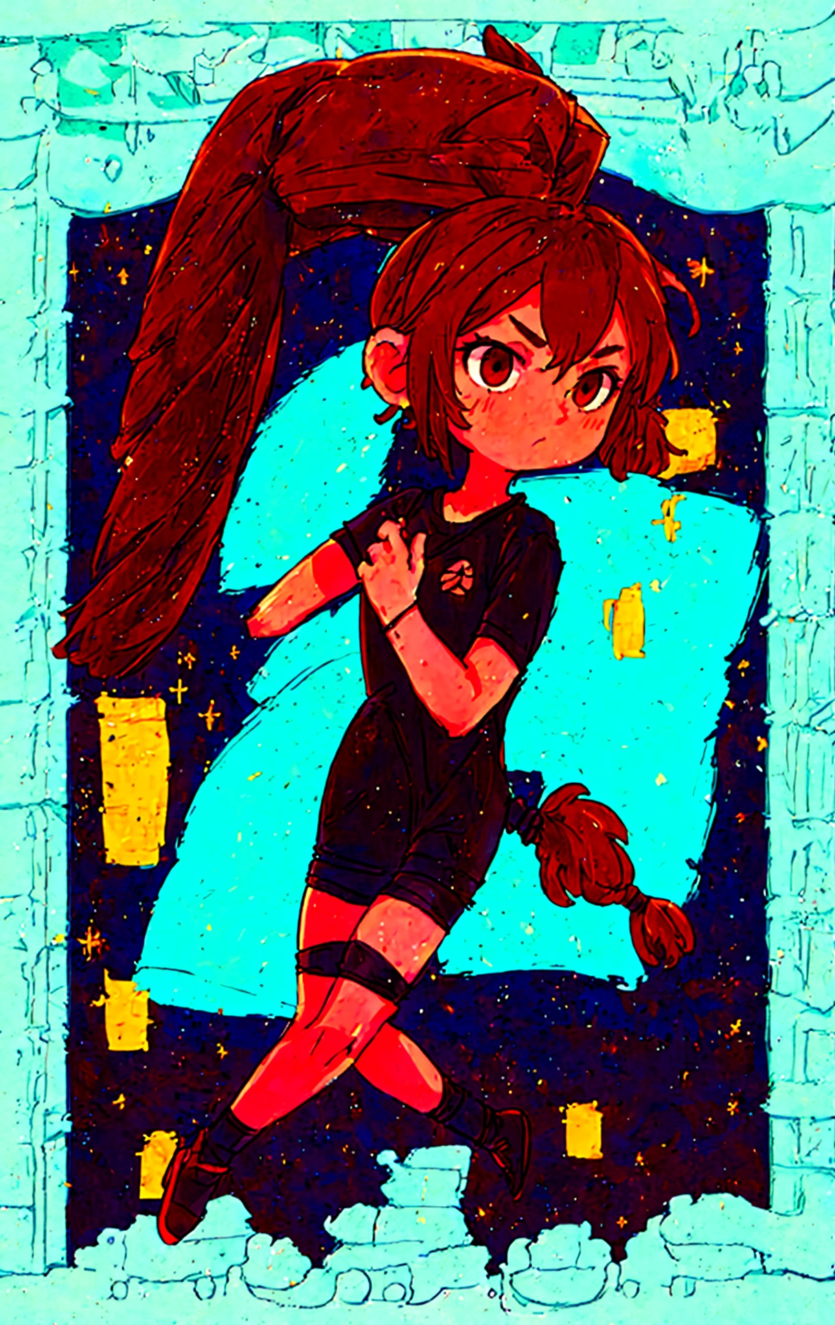 Brown hair tucked into a ponytail, brown eyes, blank look, fair skin, black T-shirt and bike shortsgacha, full body