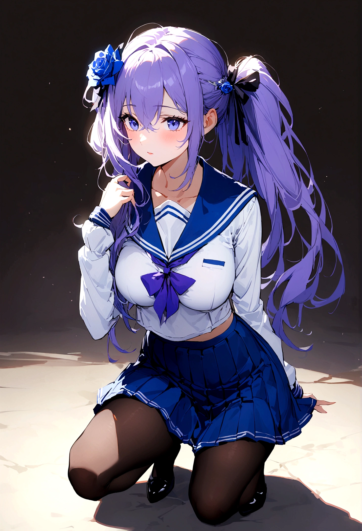 1 female、Depth of written boundary、Cinematic lighting、Detailed costume、4K、Perfect Eyes、Rich in detail and texture、Pretty face、(((Blue rose hair accessory)))、(((Beautiful purple long hair with a side tail)))、dark blue eyes、Hair between the eyes、Ample breasts、Great style、(((Sailor suit with ribbon)))、((Checkered super miniskirt))、((black tights))、high resolution、Super fine、masterpiece、Highest quality、(((squatting、low angle)))