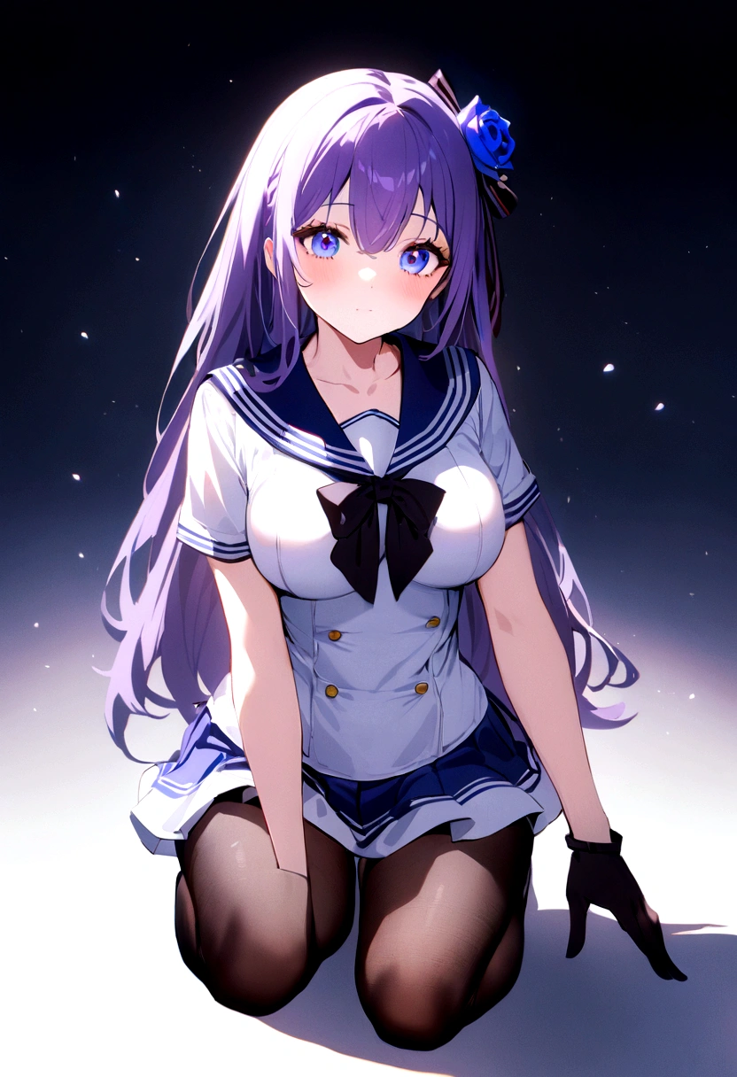 1 female、Depth of written boundary、Cinematic lighting、Detailed costume、4K、Perfect Eyes、Rich in detail and texture、Pretty face、(((Blue rose hair accessory)))、(((Beautiful purple long hair with a side tail)))、dark blue eyes、Hair between the eyes、Ample breasts、Great style、(((Sailor suit with ribbon)))、((Checkered super miniskirt))、((black tights))、high resolution、Super fine、masterpiece、Highest quality、(((squatting、low angle)))