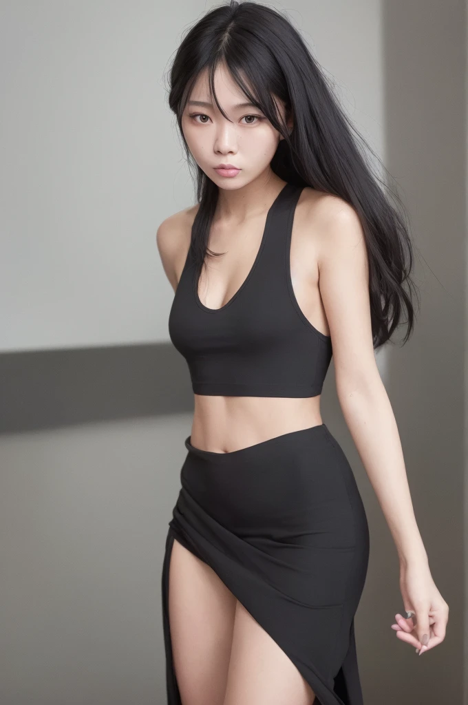 20 year old girl, black tank top, black skirt, long hair, high contrast (Natural skin texture, Hyperrealism, Soft Light, sharp), portrait, standing, kpop