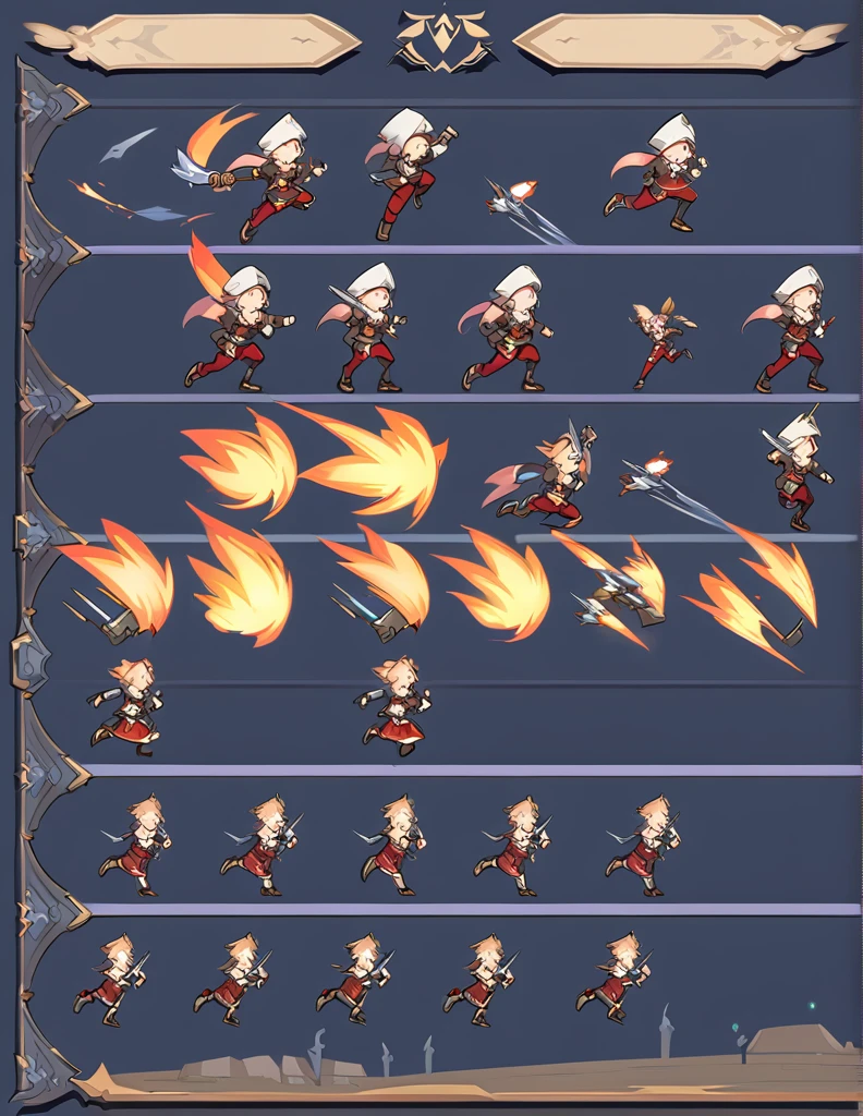 Create a sprite sheet for character animations that includes frames for movement, running, jumping, sword attack, spear attack, and bow attack. of an hudied assasin , clear art , hd quality, frame by frame , hudied hunter