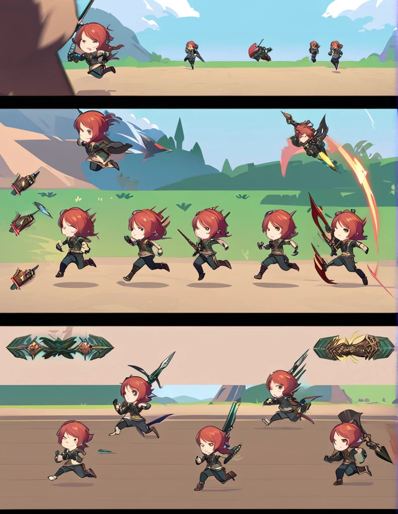 Create a sprite sheet for character animations that includes frames for movement, running, jumping, sword attack, spear attack, and bow attack. of an hudied assasin , clear art , hd quality, frame by frame , hudied hunter