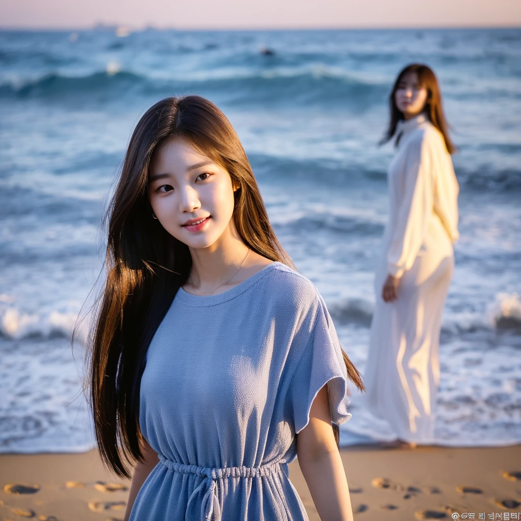 Choi Miyeon is a adult South Korean woman aged 24, she has a small, well-proportioned face with delicate features.
Her eyes are large and expressive, with double eyelids and a captivating gaze. Her nose is thin and well defined.
Her lips are full and well-drawn.
Her long, straight hair is a shade of blonde that matches her appearance. 
Her skin is clear and smooth. Her body is of medium height and slim, with a graceful figure.
As she walks along the beachfront at sunset in Jeju with smile, her blue-black dress sways in the wind.