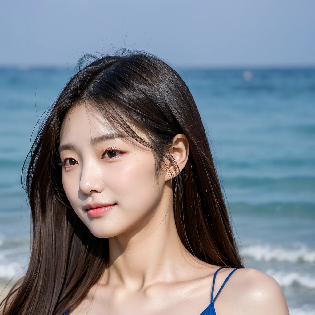 Choi Miyeon is a adult South Korean woman aged 24, she has a small, well-proportioned face with delicate features.
Her eyes are large and expressive, with double eyelids and a captivating gaze. Her nose is thin and well defined.
Her lips are full and well-drawn.
Her long, straight hair is a shade of blonde that matches her appearance.
Her skin is clear and smooth. Her body is of medium height and slim, with a graceful figure.
As she walks along the beachfront at sunset in Jeju with smile, her blue-black dress sways in the wind.