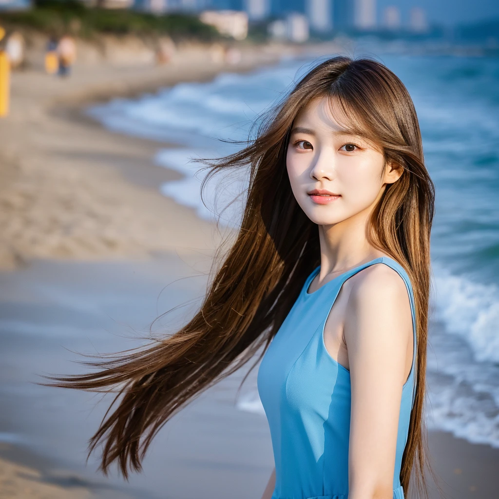 Choi Miyeon is a adult South Korean woman aged 24, she has a small, well-proportioned face with delicate features.
Her eyes are large and expressive, with double eyelids and a captivating gaze. Her nose is thin and well defined.
Her lips are full and well-drawn.
Her long, straight hair is a shade of blonde that matches her appearance.
Her skin is clear and smooth. Her body is of medium height and slim, with a graceful figure.
As she walks along the beachfront at sunset in Jeju with smile, her blue-black dress sways in the wind.