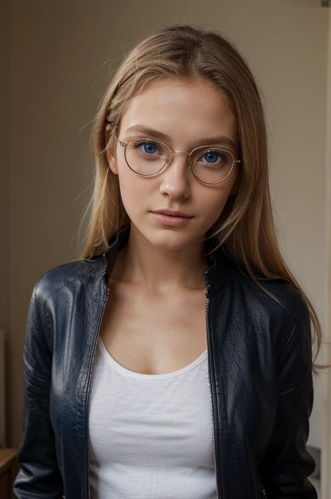 Photo en mode selfie, beautiful blonde ,very detailed, 20 ans, portant des lunettes de soleil, portant un blouson en cuir, natural beauty, visage innocent, Longhaire, blue eye, high resolution, head of&#39;artwork, best quality, intricate details, very detailed, sharpness, detailed skin, texture de peau realistic, texture, detailed eyes, Professionnel, 4K, charming smile, shot with Canon, 85mm, shallow depth of field, Kodak Vision Color, corps parfaitement ajusté , extremely detailed, la photographie_(ultra), photorealistic, realistic, Post-traitement, Maximum details, roughness, real life, ultra realistic, photorealism, la photographie, 8K  UHD, la photographie, tetas grandes