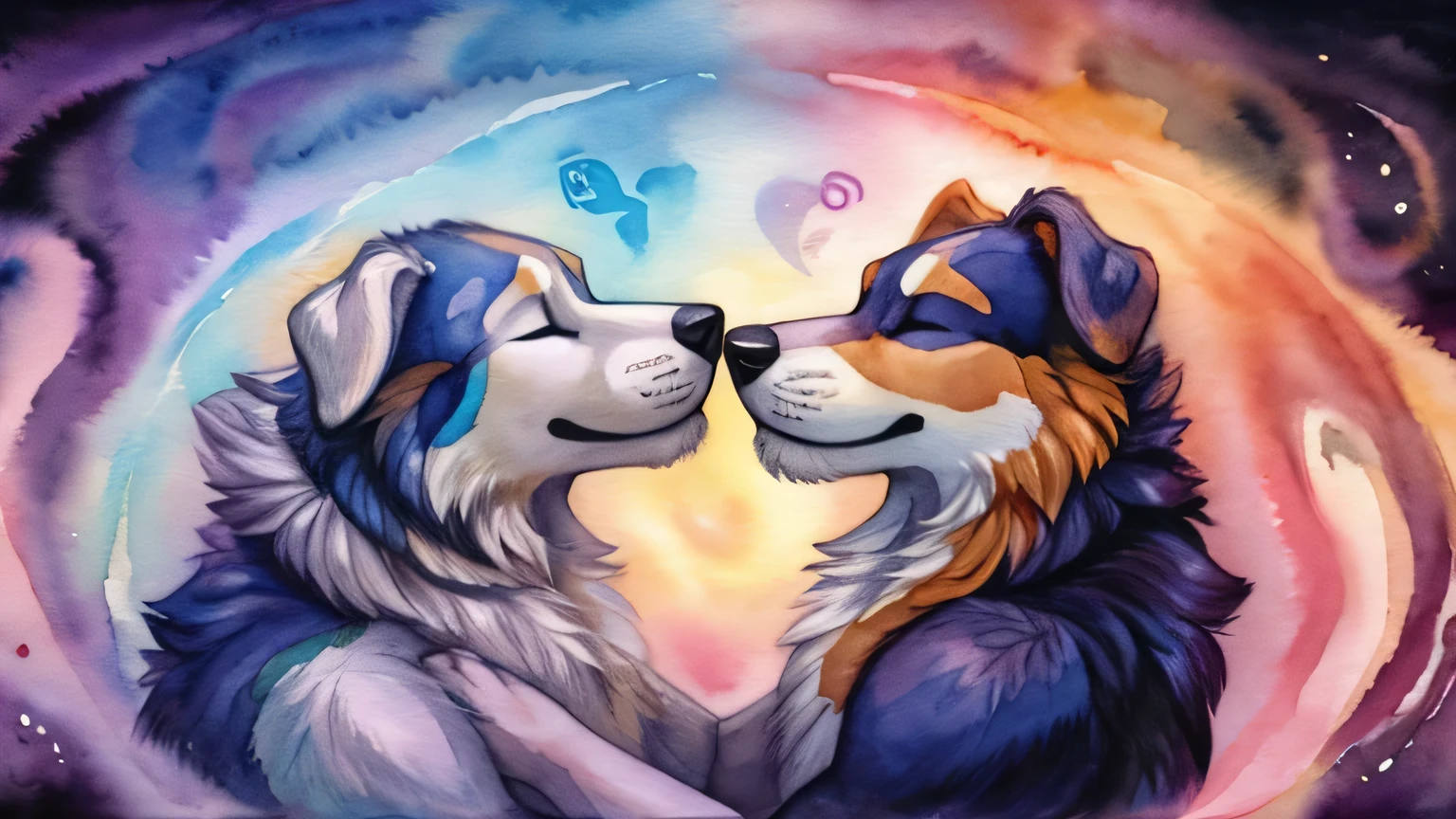 Watercolor painting of a dog and its owner with their foreheads touching, eyes closed, surrounded by soft, ethereal swirls representing telepathic communication