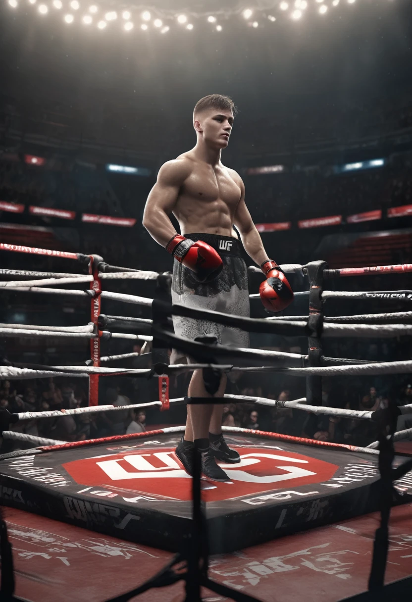 (whole body), 20 YEAR OLD MAN, athletics,  WEARING OVERSIZED T-SHIRT , ufc boxer with gloves, stands in an octagonal fighting ring, sensation of movement,(Intricate details of the high quality machine), cinematic style, absolute sharpness, 8k image.(Masterpiece).3d rendering. REALISTIC, REALISTICISM
