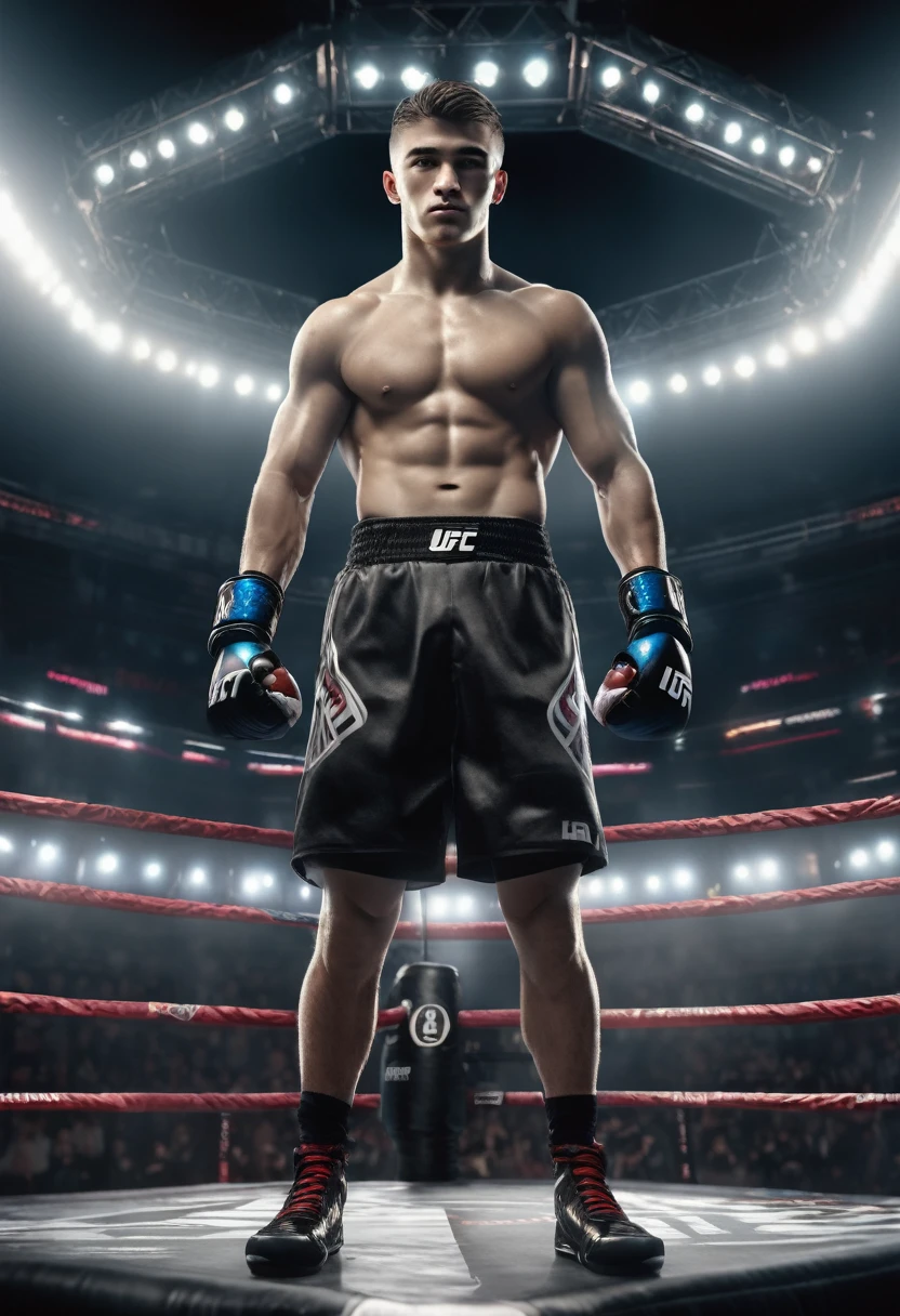 (whole body), 20 YEAR OLD MAN, athletics, WEARING OVERSIZED T-SHIRT , ufc boxer with gloves, stands in an octagonal fighting ring, sensation of movement,(Intricate details of the high quality machine), cinematic style, absolute sharpness, 8k image.(Masterpiece).3d rendering. REALISTIC, REALISTICISM