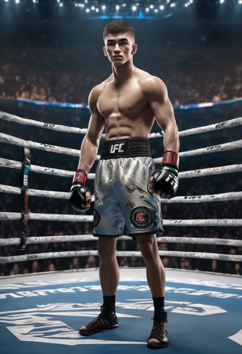 (whole body), 20 YEAR OLD MAN, athletics,  WEARING OVERSIZED T-SHIRT , ufc boxer with gloves, stands in an octagonal fighting ring, sensation of movement,(Intricate details of the high quality machine), cinematic style, absolute sharpness, 8k image.(Masterpiece).3d rendering. REALISTIC, REALISTICISM