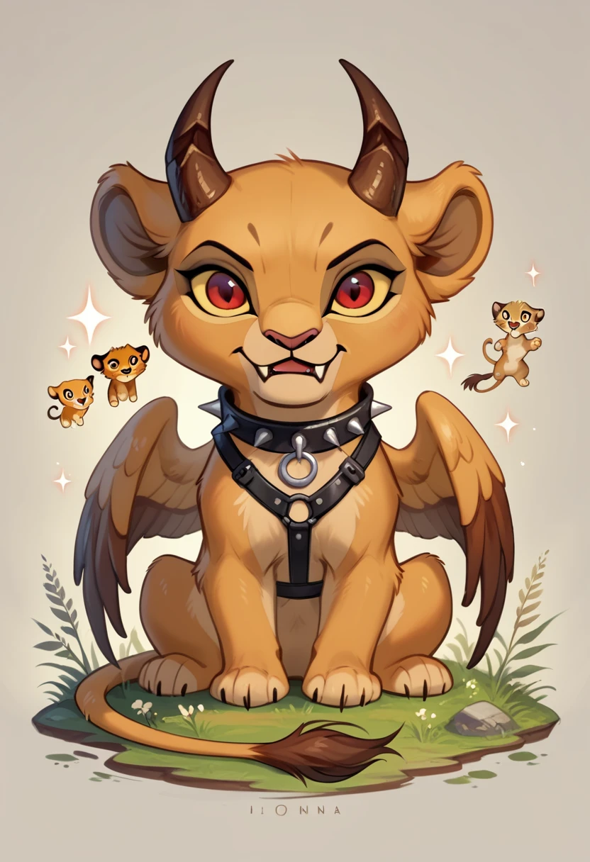 the lion king, lioness, Chibi, Chibi Body, Chibi Art Style abyss monster, lioness, female, feral, sitting, black smooth fur, webbed wings, claws, horns, red eyes, feline body, fangs, leather harness, full body, spiked collar, Detailed body fur, a three-quarter view, masterpiece