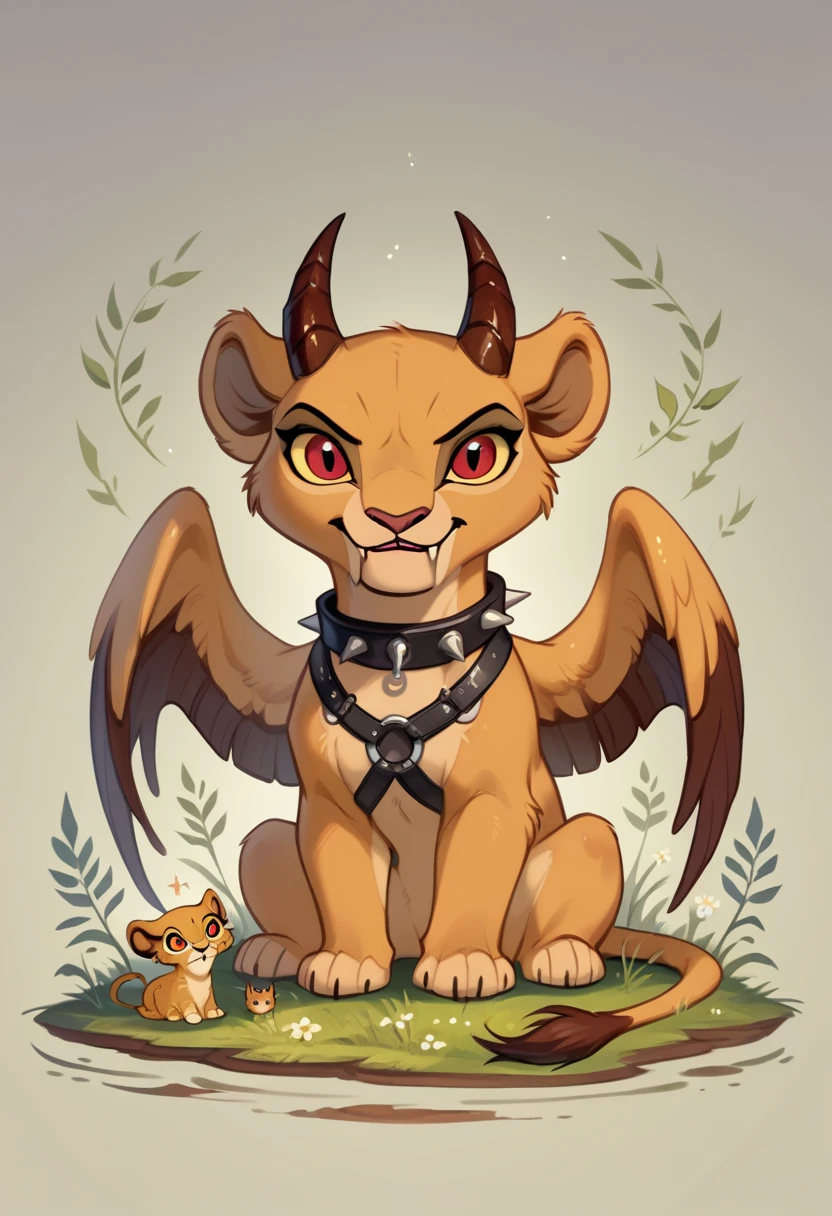 the lion king, lioness, Chibi, Chibi Body, Chibi Art Style abyss monster, lioness, female, feral, sitting, black smooth fur, webbed wings, claws, horns, red eyes, feline body, fangs, leather harness, full body, spiked collar, Detailed body fur, a three-quarter view, masterpiece