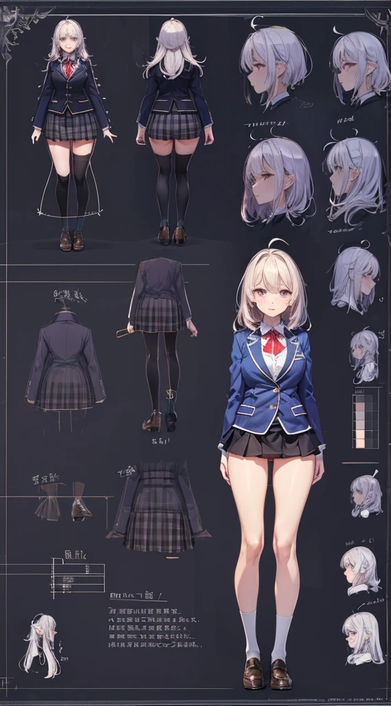 girl, alone, whole body, From head to toe, Are standing, (Huge_chest:1.3),

Character design sheet, Character Reference Sheet, 設計図のSchematic, Drafting, Blueprint, Schematic,
((Character design sheet:1.7, Character Reference Sheet:1.7,)),

anime/cartoon character wearing a girls , 1girl, alone, Thigh-high socks, blazer burezaa (blazer), Ahoge, Long Hair, bow, , shoes, loafers, ribbon, (Very short skirt:1.4), (panties:1.5),, (Good:1.5),In underwear:1.5,nsfw