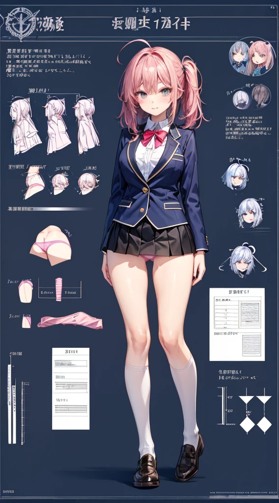 girl, alone, whole body, From head to toe, Are standing, (Huge_chest:1.3),
Character design sheet, Character Reference Sheet, 設計図のSchematic, Drafting, Blueprint, Schematic,
((Character design sheet:1.7, Character Reference Sheet:1.7,)),
anime/cartoon character wearing a girls , 1girl, alone, Thigh-high socks, blazer burezaa (blazer), Ahoge, Long Hair, bow, , shoes, loafers, ribbon, (Very short skirt:1.4), (panties:1.5),, (Good:1.5),In underwear:1.5,nsfw