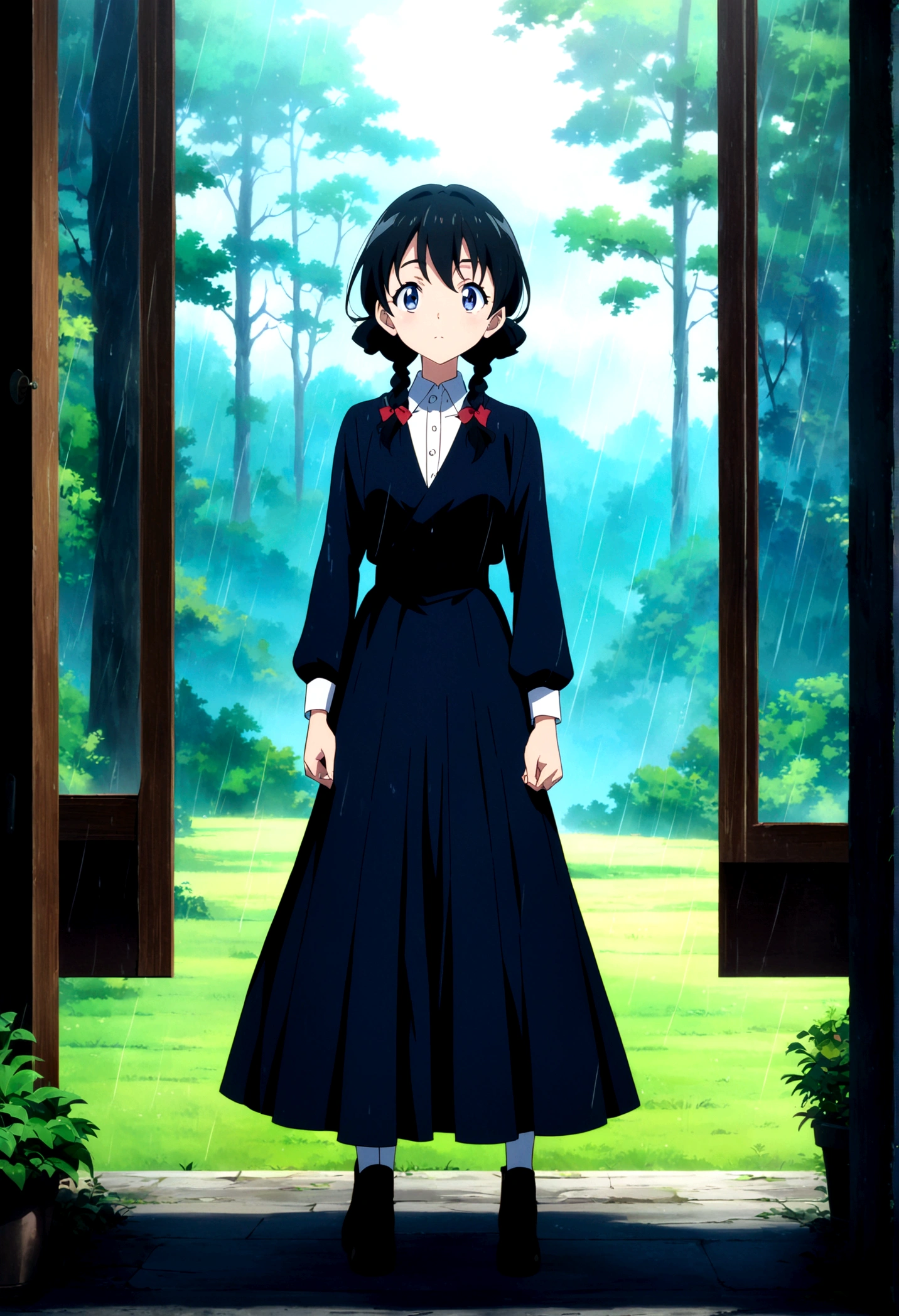 Anime Shōnen'Hairstyle, Beautiful anime art, Anime Style 4K, anime art wallpaper 4k,rain,Windows,forest,Full Body Shot