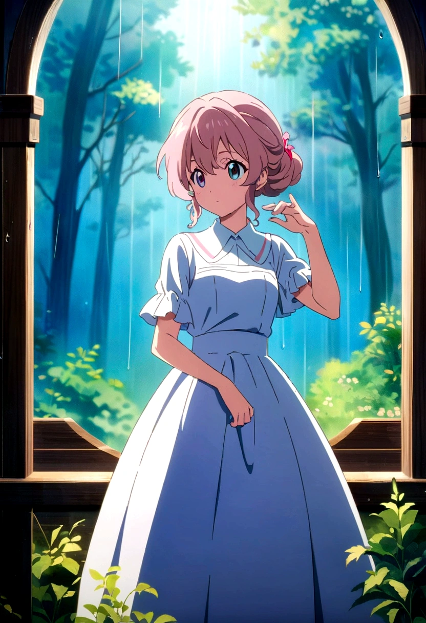 Anime Shōnen&#39;Hairstyle, Beautiful anime art, Anime Style 4K, anime art wallpaper 4k,rain，Windows，forest，Full Body Shot