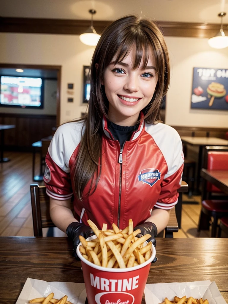 blue eyes, brown hair, bangs, short sleeves, red jacket, collar, two-tone gloves, looking at viewer, smiling, happy, mouth open, blush, sitting, behind a table, date-pov, inside fast food restaurant, table full of food, french fries, high quality, masterpiece  