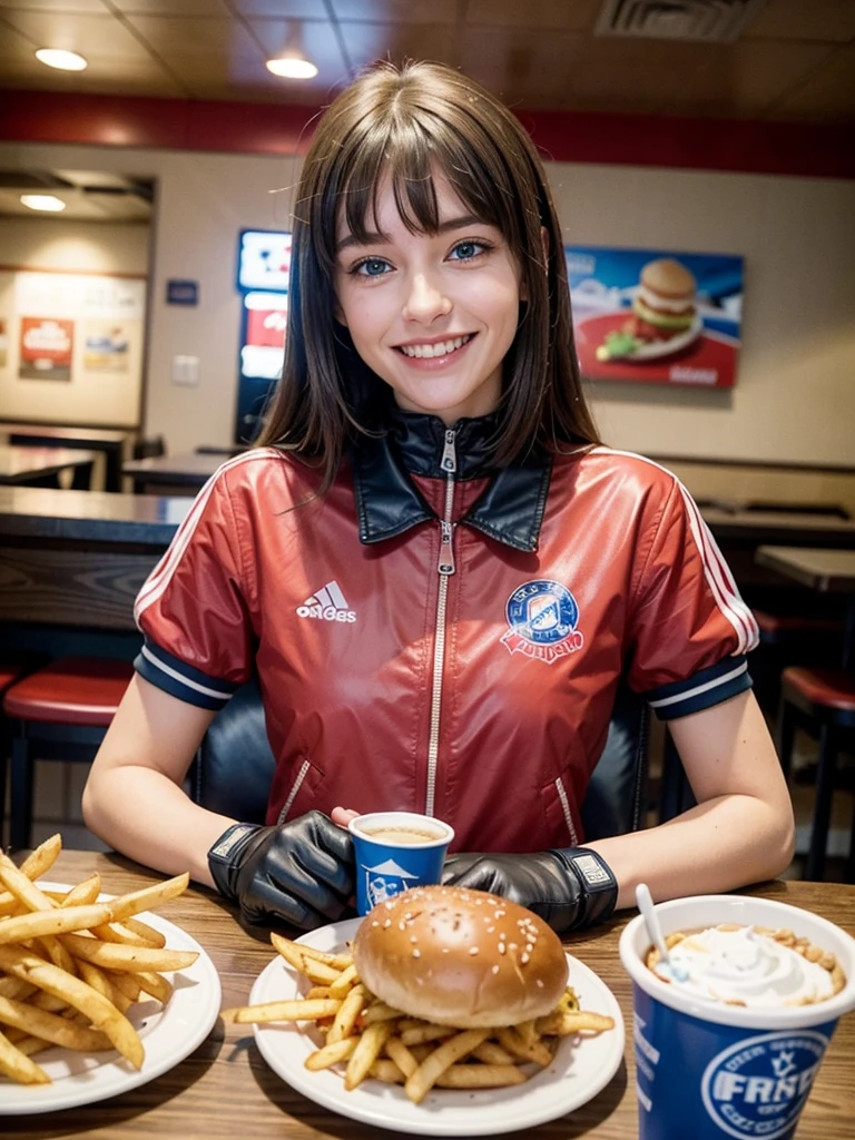blue eyes, brown hair, bangs, short sleeves, red jacket, collar, two-tone gloves, looking at viewer, smiling, happy, mouth open, blush, sitting, behind a table, date-pov, inside fast food restaurant, table full of food, french fries, high quality, masterpiece