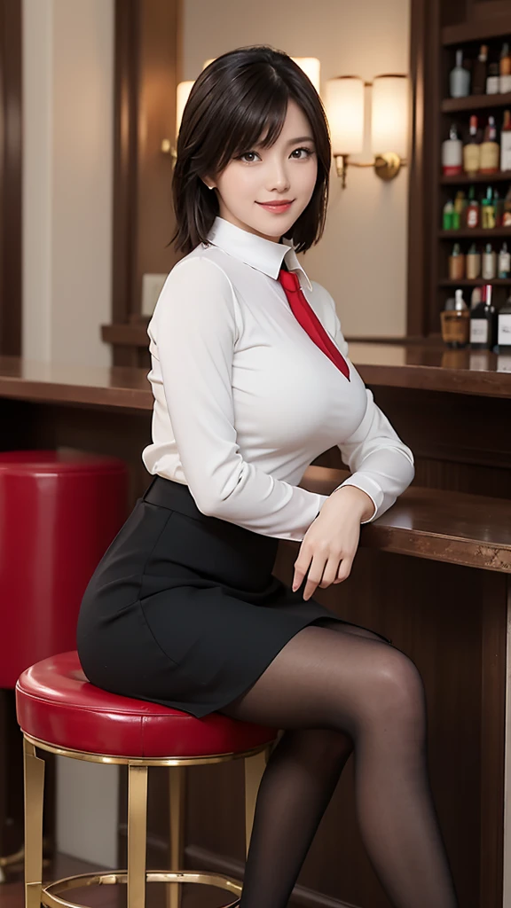 masterpiece, Highest quality, Defzil, Shortcuts, Collared shirt, turtleneck, Long sleeve, Red tie,F cup breasts、 Best, Black Skirt, pantyhose, Sitting, stool, From the side, View your viewers, High heels, bar, smile