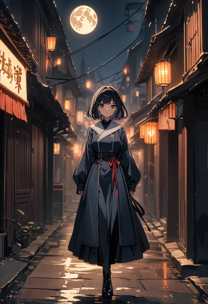 A girl with black hair walking in the dark Streets  on full moon night