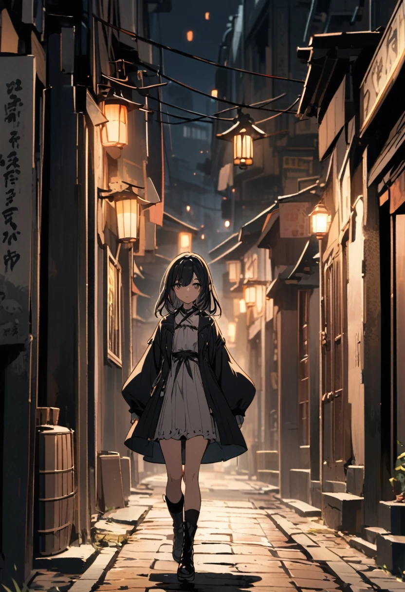 A girl with black hair walking in the dark Streets  on full moon night