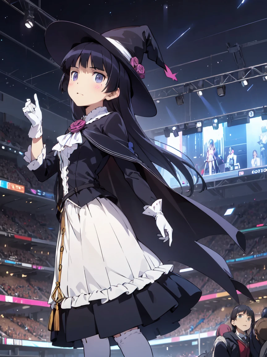 (masterpiece, Highest quality:1.1), (astrologer), 1 Girl, alone, witch hat, gloves, dress, Black Costume、(Long skirt)、Frills, boots, Cape,  witch, (ruri gokou), Stonework, amphitheater, constellation, Solemn, constellation盤, Starlight, Spectacular atmosphere, Commentary