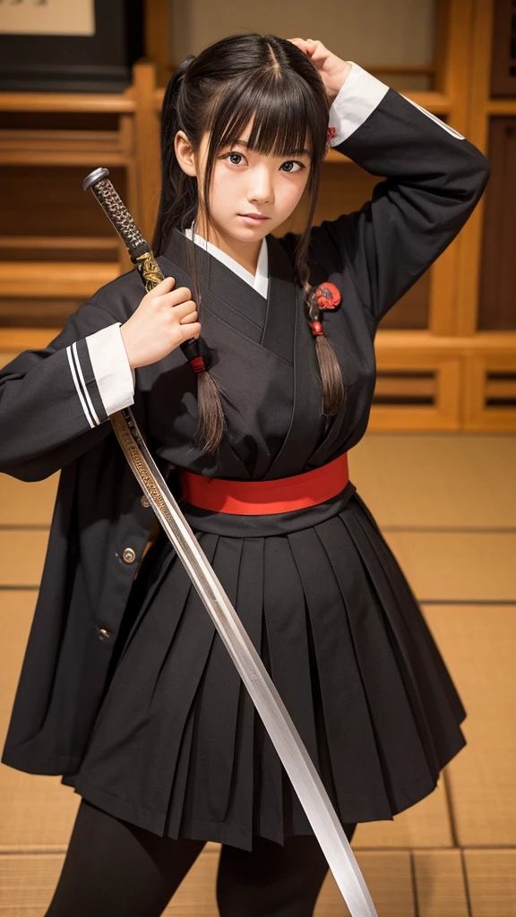 Japanese 18 year old high school girl、Black sailor suit treets of the Edo period、He is holding a sword in his right hand