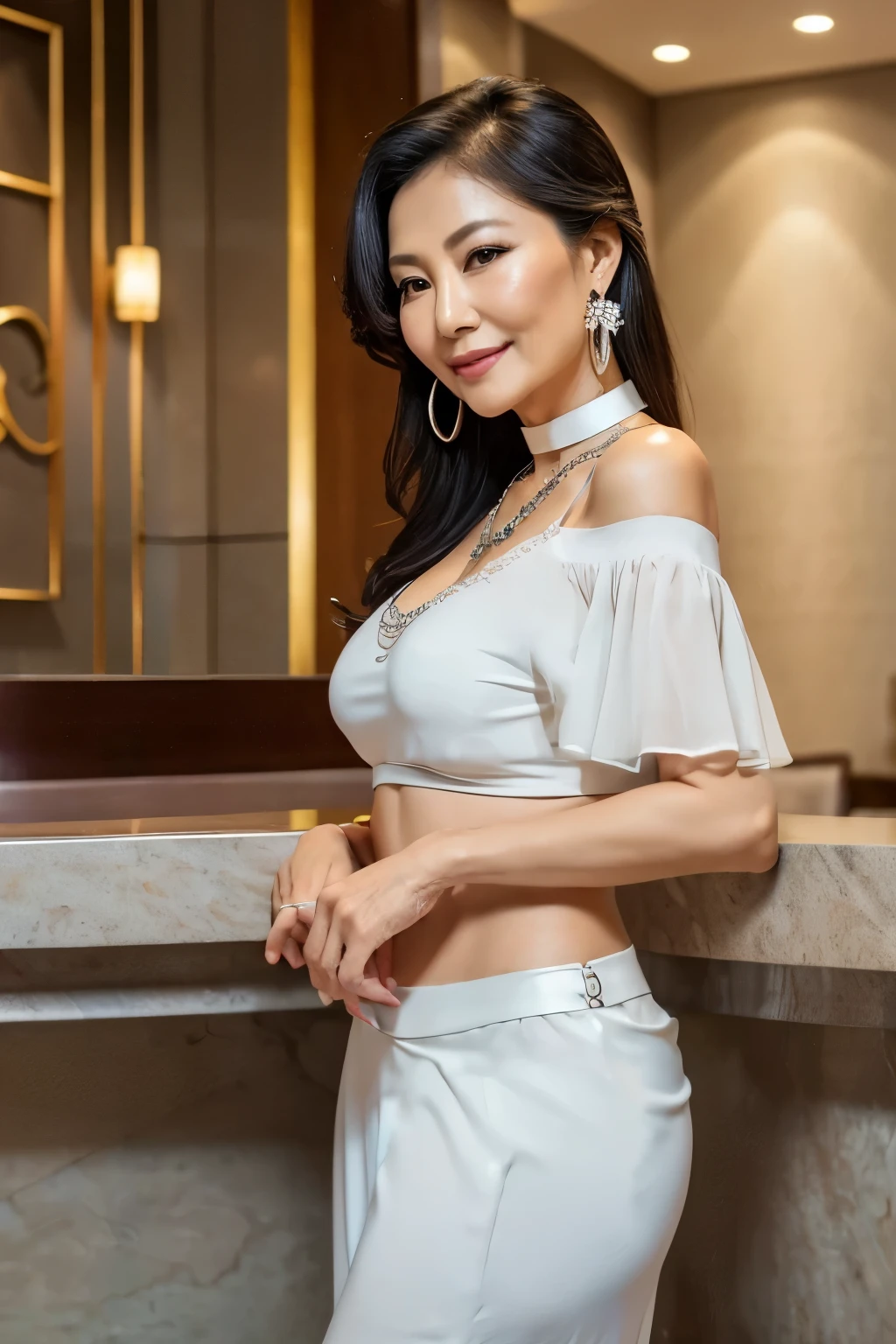 75 years old　mom　milf　Chinese Lady　large earring　Big choker　navel piercing decoration　A bracelet　Silver Hair　realisitic　Gorgeous Madame Beautiful Mature Woman　sexly　Smile　Gentle woman navel piercing　４K　High quality hotel　Front counter　lobby　flower　From the side　Feminine body lines　one piece　Gorgeous Madam Beauty