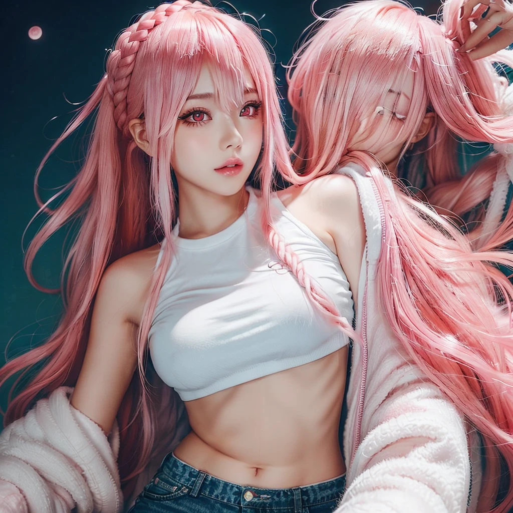 Young woman, pink eyes, long braided pink hair, pink, lots of pink, white cropped t-shirt, pink jeans, bubble gum, cotton candy, pink sky, pink moon, all is pink, beautifully lit, stunning environment, insanely detailed