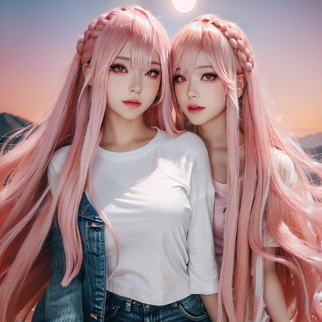 Young woman, pink eyes, long braided pink hair, pink, lots of pink, white cropped t-shirt, pink jeans, bubble gum, cotton candy, pink sky, pink moon, all is pink, beautifully lit, stunning environment, insanely detailed
