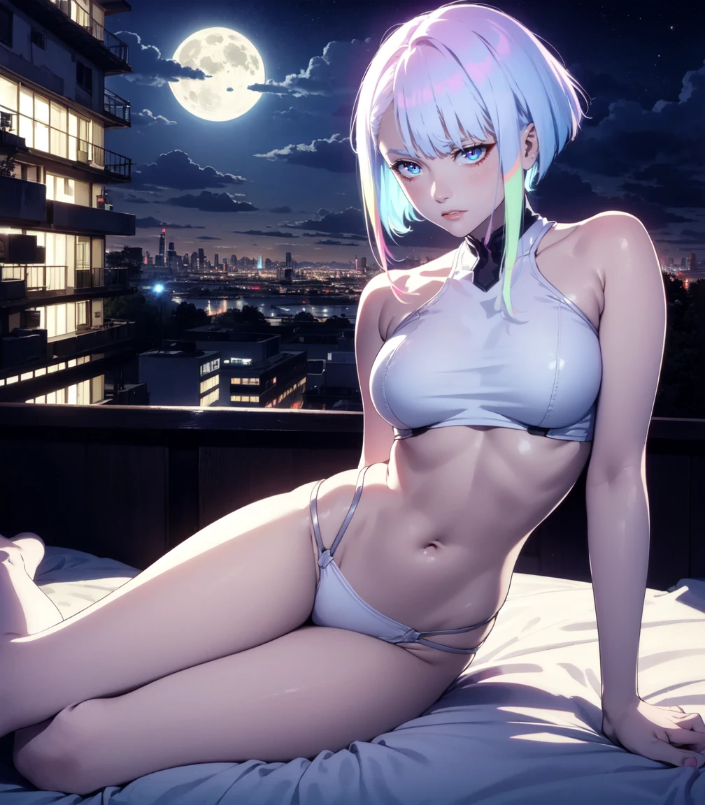 Masterpiece, best quality, extremely detailed artwork, award winning, 16k resolution, illustration.
(hyper-realistic:1.4)
(Night, night time:1.4)
cyberpunklucy, lucy, short hair, bangs, blue eyes, blue hair, multicolored hair, makeup, multicolored eyes
NSFW, NAKED BREASTS, on a bed, on stomach, ass up,
Indoors, bedroom, city, moon, night, sky, clouds