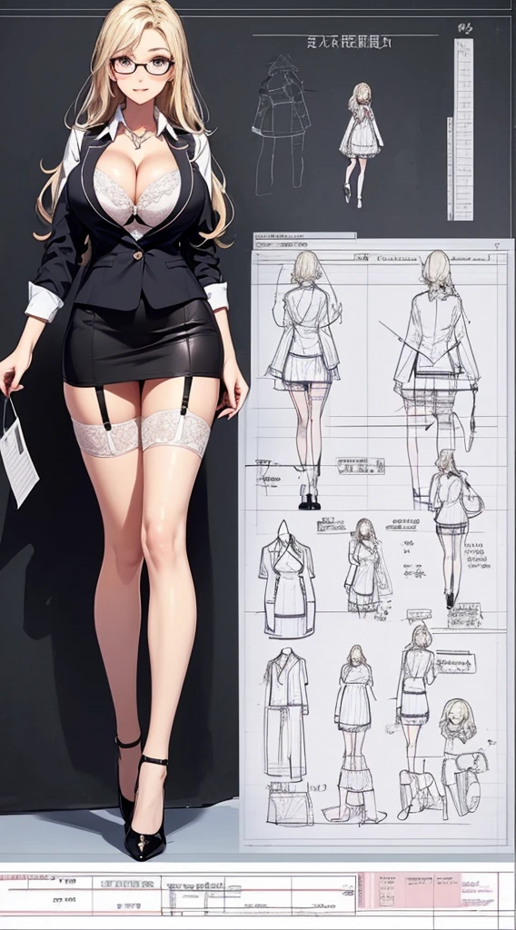 girl, alone, whole body, From head to toe, Are standing, (Huge Saggy Tits:1.3),
Character design sheet, Character Reference Sheet, 設計図のSchematic, Drafting, Blueprint, Schematic,
((Character design sheet:1.7, Character Reference Sheet:1.7,)),
anime/cartoon character wearing a girls , 1girl, alone, ,Mature Woman,Cleavage,Long sleeve,Collared shirt,White shirt,,(Tight Skirt),((garter belt)),(High heels),Skirt Suit,mini skirt,office lady,Long Hair, bow, , (Very short skirt:1.4), (lingerie:1.5),secretary,Thin glasses, In underwear:1.5,nsfw