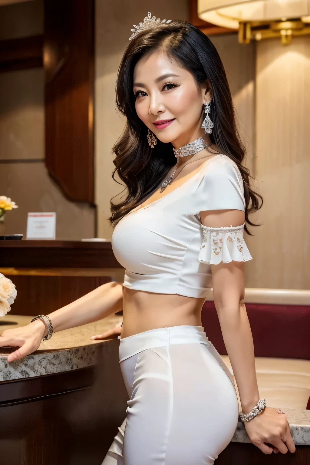 75 years old mom milf Chinese Lady large earring Big choker navel piercing decoration A bracelet Silver Hair realisitic Gorgeous Madame Beautiful Mature Woman sexly Smile Gentle woman navel piercing 4K High quality gorgeous madam beautiful mature woman belt