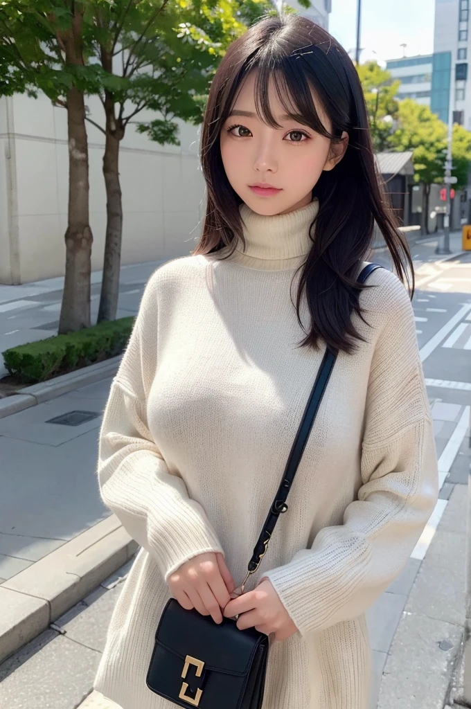 (huge tit、Turtleneck Knitwear、Shoulder bag)、(highest quality,masterpiece:1.3,超A high resolution,),(super detailed,caustics),(Photoreal:1.4,RAW shooting,)ultra-realistic capture,very detailed,High definition 16K for human skin、 Natural skin texture、、Skin looks even-toned and healthy、 Use natural light and color,one woman,25 years old Japanese,,cute,black haired,middle hair,(Depth of the bounds written、chromatic aberration、、wide range of lighting、natural shading、)、(hair swaying in the wind:1.2)、Tokyo cityscape