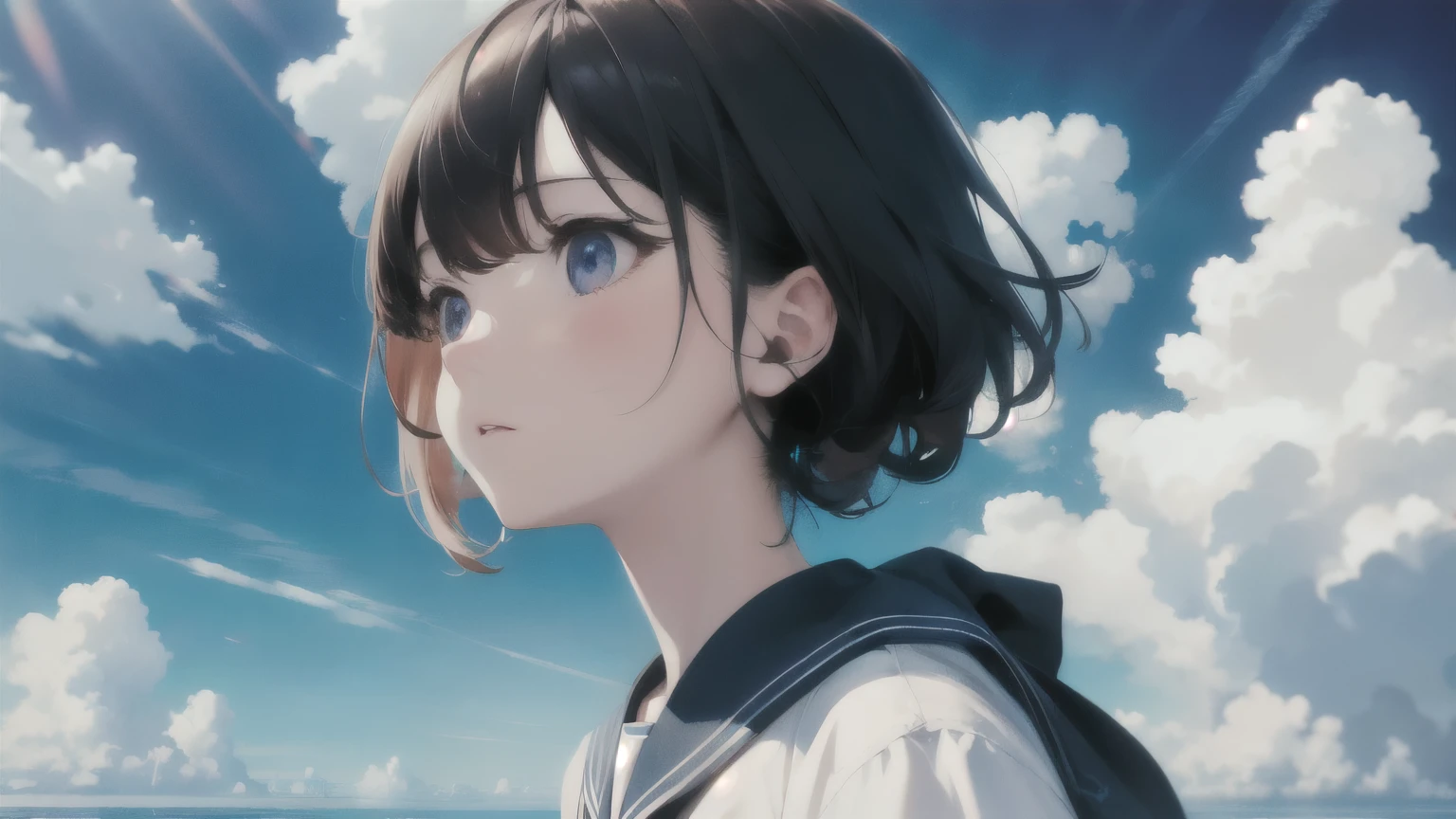 Absurd, High resolution, (Official Art, beautifully、aesthetic:1.2), Close-up, Bright Sky, A vast world, Sailor suit、girl, stare, Awe-inspiring expressions, Distant Horizon, cloud, High Hill, Natural Beauty, Inspiration, Light effects,