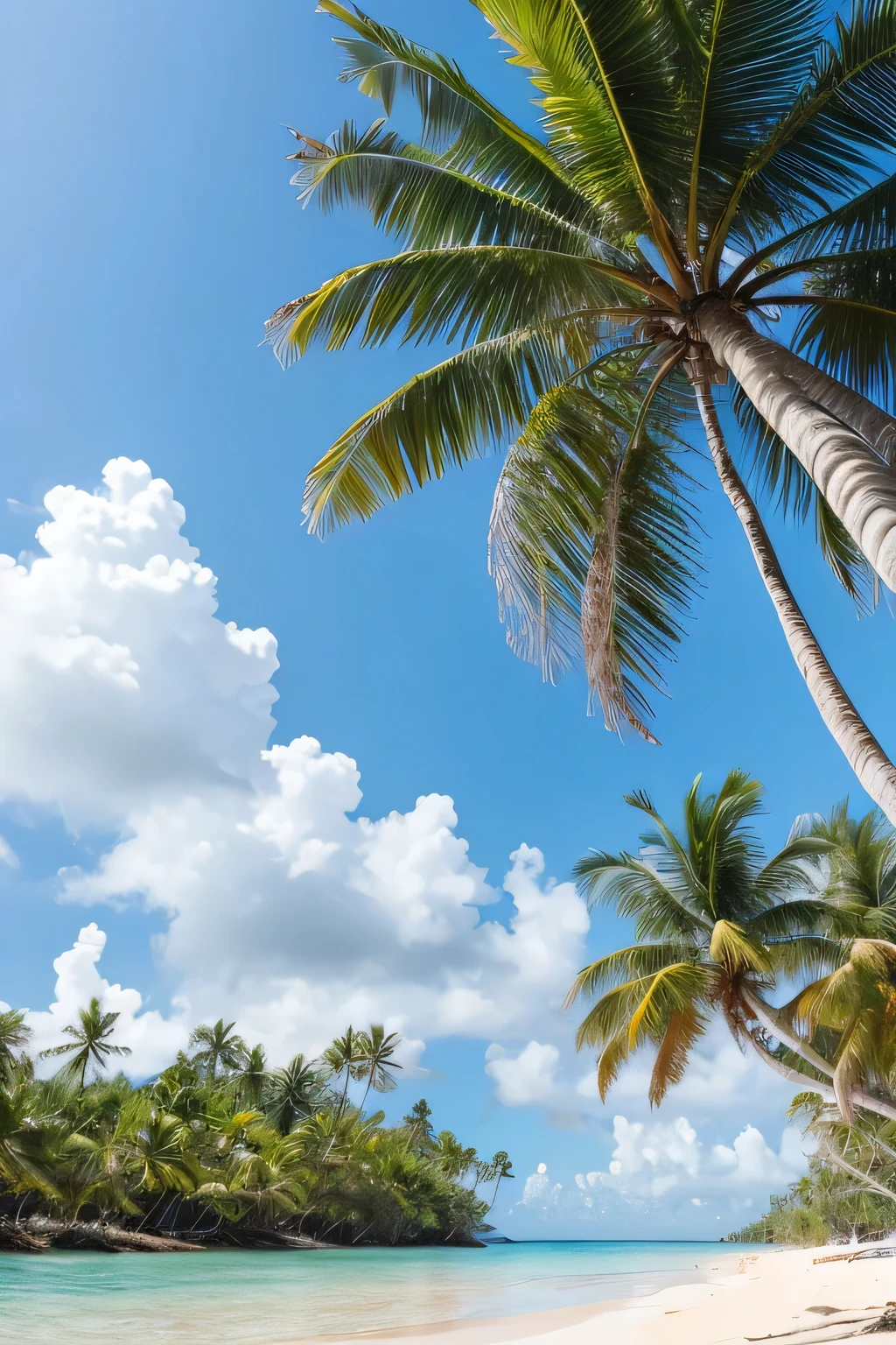 A detailed straight palm tree with two coconuts attached, the tree is on the beach, a beautiful beach, there are no people in the screen, two coconuts are falling under the palm tree ,