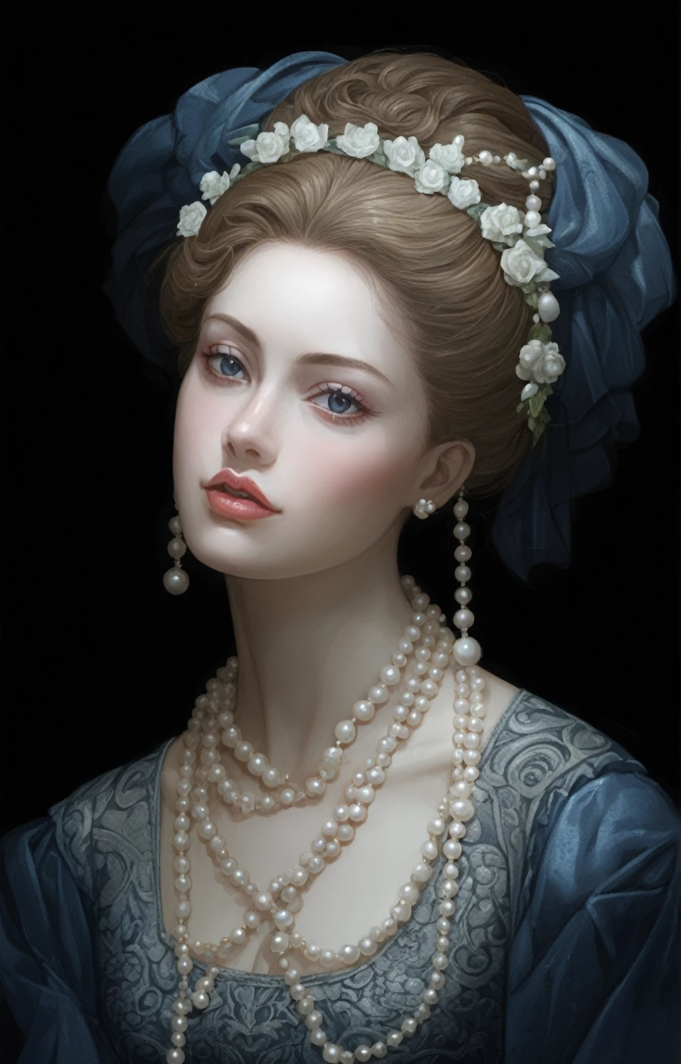 a close-up of a woman wearing pearls and a blue dress, girl with a Pearl Earringl, pintura digital barroca, senhora elegante com pele de alabastro, Jinna Zhang, Retrato muito bonito, elegante pintura digital, Pearl Earring, por Russell Dongjun Lu, bela imagem de retrato, retrato renascentista realista, Pintura Digital Renascentista, retrato elegante, 8K HD Detailed Oil Painting