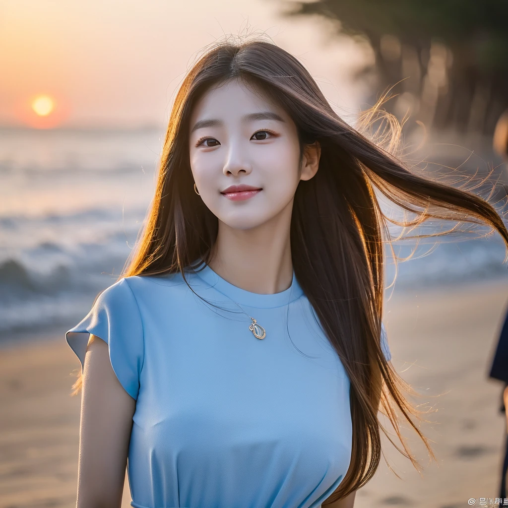Choi Miyeon is a adult South Korean woman aged 24, she has a small, well-proportioned face with delicate features.
Her eyes are large and expressive, with double eyelids and a captivating gaze. Her nose is thin and well defined.
Her lips are full and well-drawn.
Her long, straight hair is a shade of blonde that matches her appearance.
Her skin is clear and smooth. Her body is of medium height and slim, with a graceful figure.
As she walks along the beachfront at sunset in Jeju with smile, her blue-black dress sways in the wind.