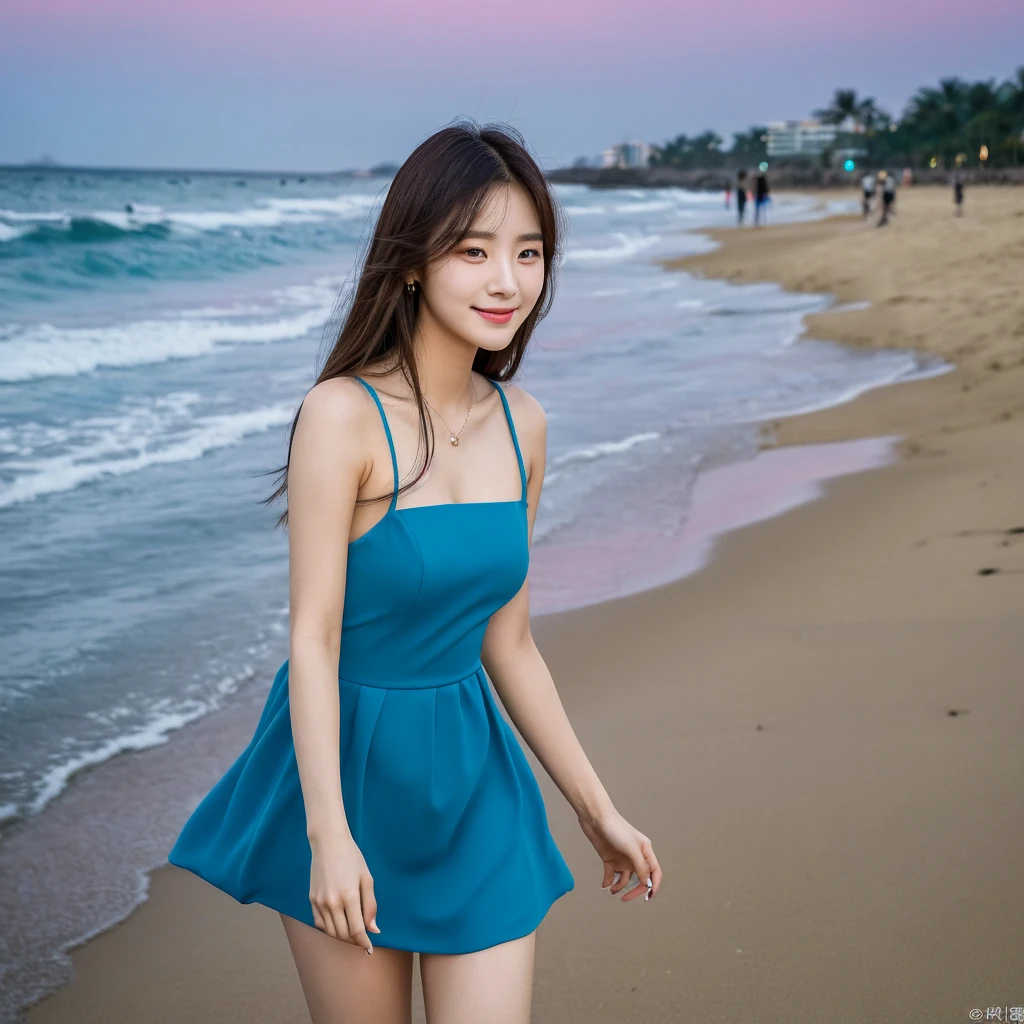 Choi Miyeon is a adult South Korean woman aged 24, she has a small, well-proportioned face with delicate features.
Her eyes are large and expressive, with double eyelids and a captivating gaze. Her nose is thin and well defined.
Her lips are full and well-drawn.
Her long, straight hair is a shade of blonde that matches her appearance.
Her skin is clear and smooth. Her body is of medium height and slim, with a graceful figure.
As she walks along the beachfront at sunset in Jeju with smile, her blue-black dress sways in the wind.