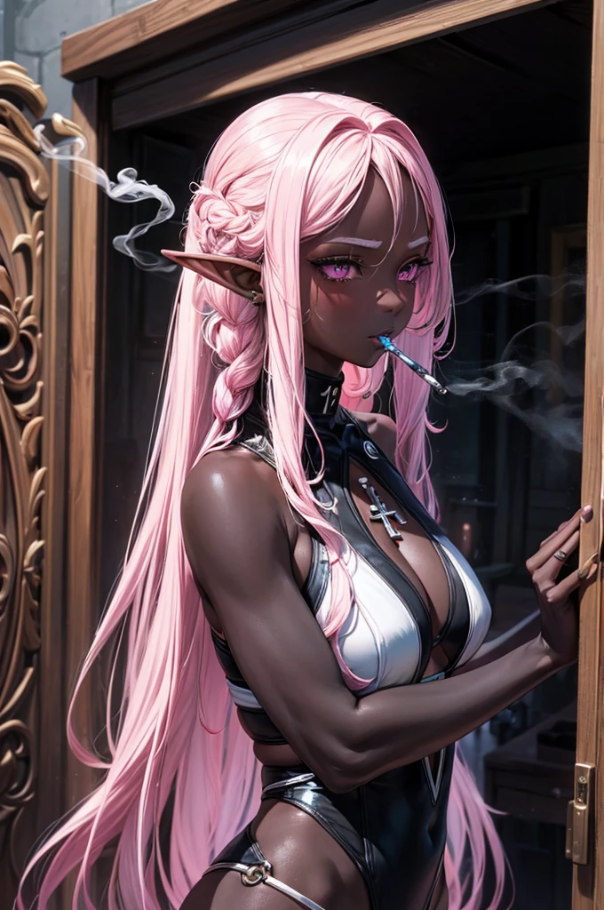 (solo:2, black skin 1000 yo cool elf woman, Dreadlocks:1.4 pink hair long hair, sexy silver eyes, smoking Cigarette in mouth, glossy lips, serious face, blushing), (in a detailed sexy Cross string swimsuit), break, in the castle Dressing room, BREAK, perfect anatomy, masterpiece, best quality, 16k, beautiful detailed grow, daydreaming expression.