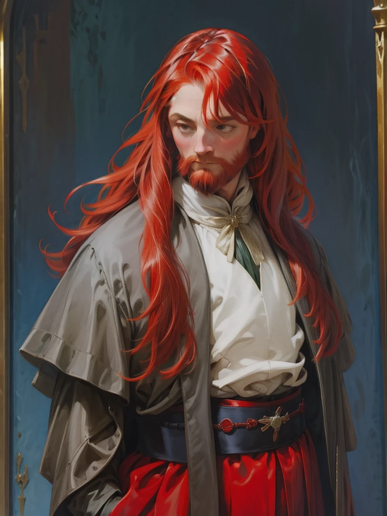 naughty man, Red-Haired, long  hair, Medieval European style formalwear, aged 50